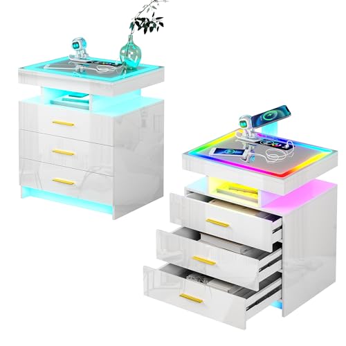 HNEBC LED Nightstand with Wireless Charging Station, Night Stand with 3 Drawers for Bedroom Furniture,End Side Table has Dancing Lights, 20 Color Dimmable Auto Sensor Modern Bedside Table Black