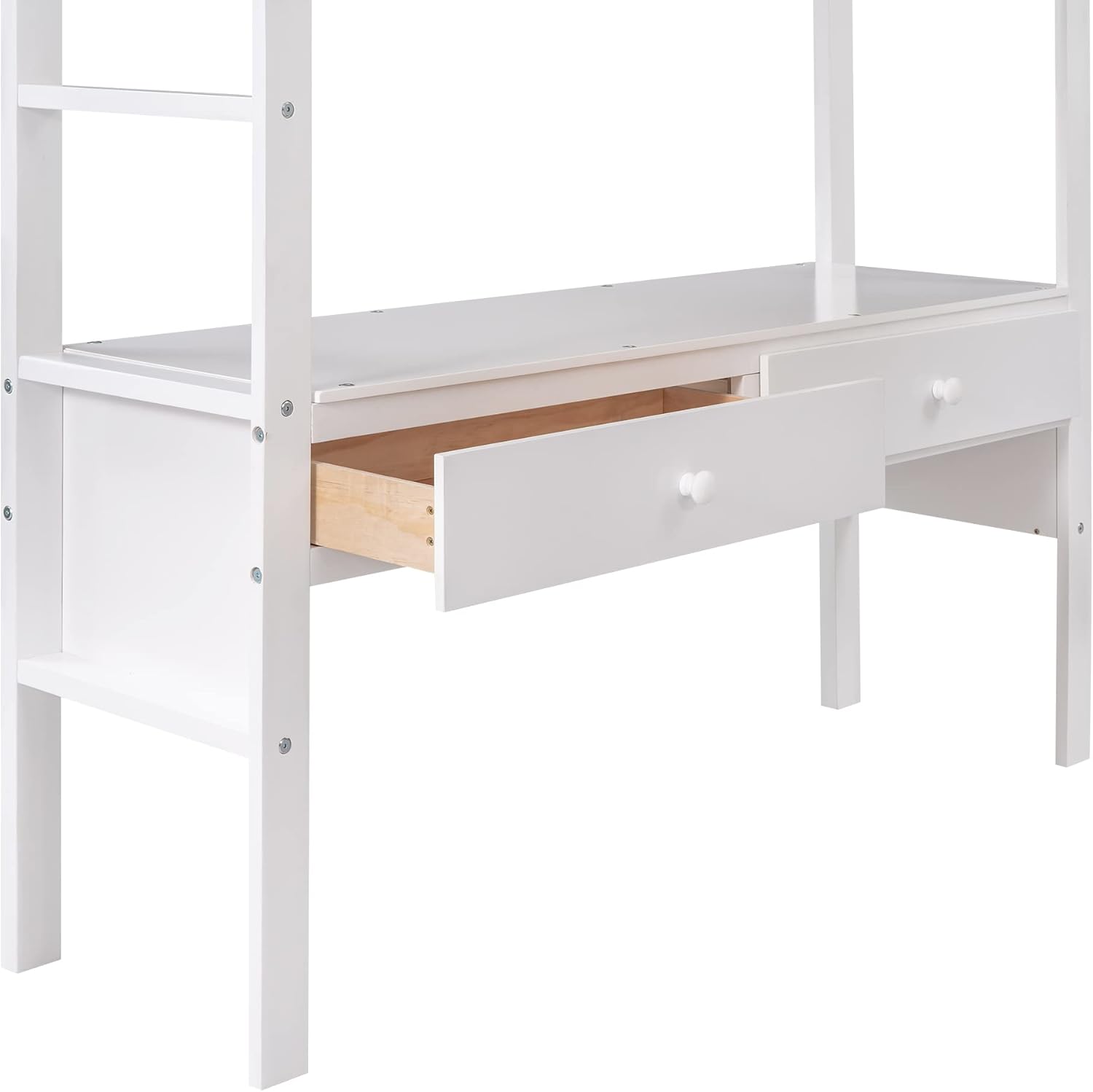 Full Size Loft Bed with Built-in Desk, Space Saving Loft Bed with Two Drawers, Storage Shelves and Drawers, Multifunctional Wooden Loft Bed for Kids Teens (White-Shelves and Drawers)