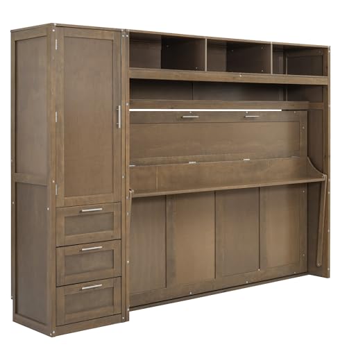Modern Full Size Murphy Bed with Wardrobe,Storage Drawers and Open Shelves,Solid Wood Wall Bed Frame for Bedroom Guest Room Home Office Study,Easy Assembly (Antique Grey, Full)