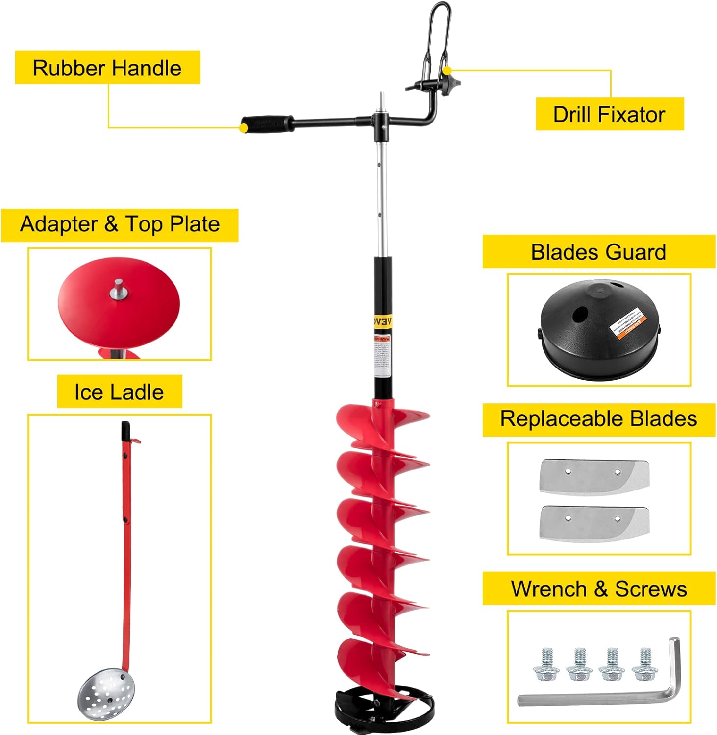 VEVOR Ice Drill Auger, 8'' Diameter Nylon Ice Auger, 41'' Length Ice Auger Bit, Auger Drill w/ 14'' Adjustable Extension Rod, Rubber Handle, Drill Adapter, Replaceable Auger Blade for Ice Fishing Red