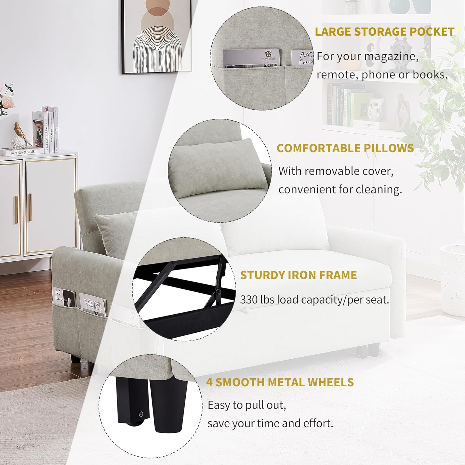 55" Sleeper Sofa with Pull Out Bed, Futon Couch w/USB Ports, 3-in-1 Convertible Loveseats w/Adjustable Backrest, Side Storage Pockets & Two Pillows for Living Room, Apartment, Beige