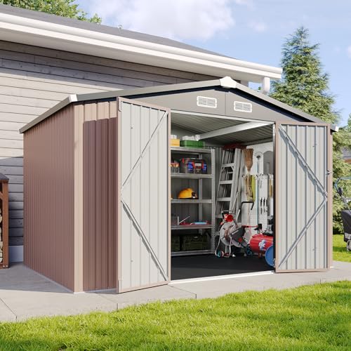 8'x4' Shed Galvanized Steel Storage Sheds with Triple Doors Weatherproof Outdoor Utility Sheds, Dual Lock Lean to Shed with Sloped Roof for Mower, Bike, Generator, Garden Tools (Black)