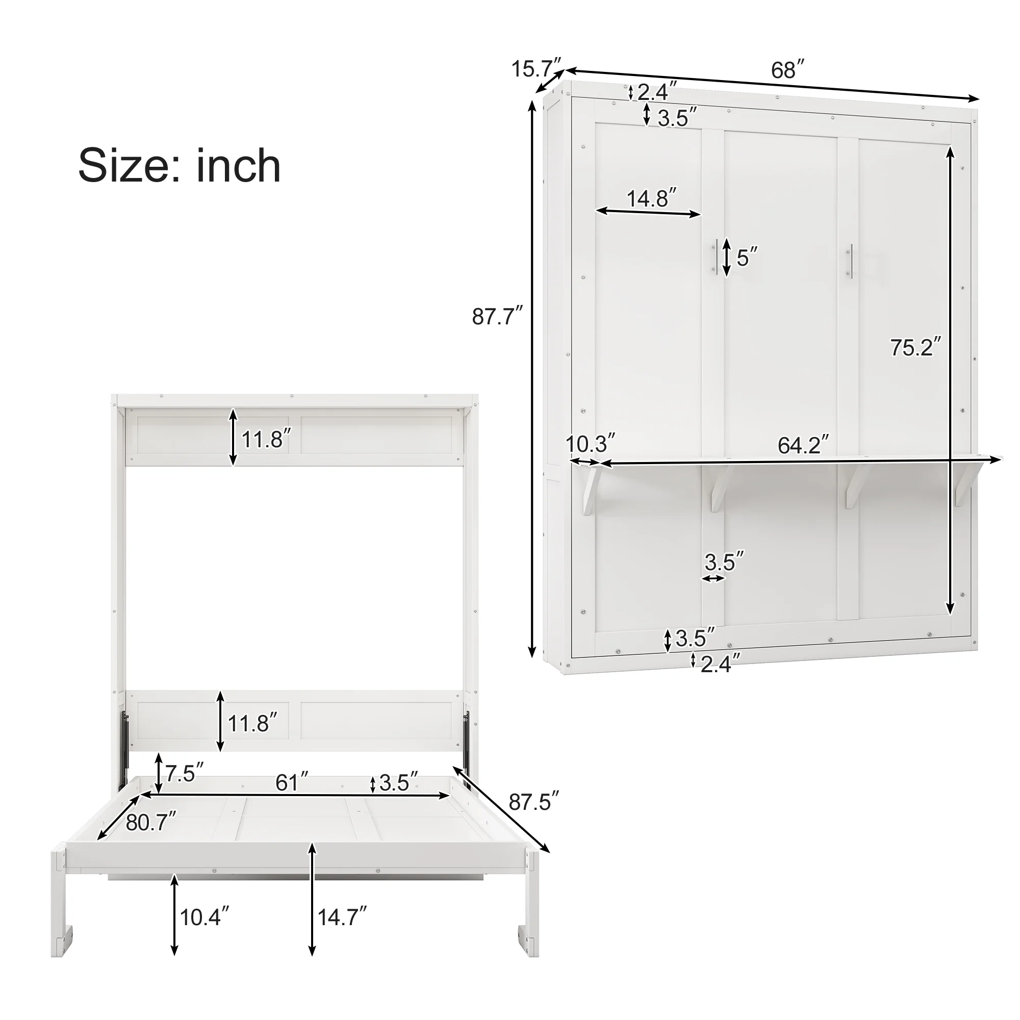 KLMM Modern Wooden Queen Size Murphy Bed 68-inch Cabinet Bed Folding Wall Bed with Desk Combo, Perfect for Small Spaces and Guest Rooms [Amazon.com]