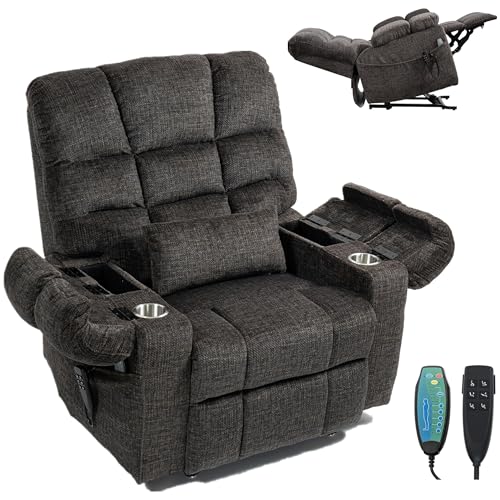 Light Grey Recliner Chair for Elderly | Tall and Big Man 400lbs | Chenille | Power Lift, Lay Flat, Stand Up, Wireless Charging Device, Extended Footrest, Massage Heat, Cup Holder, Lumbar Pillow
