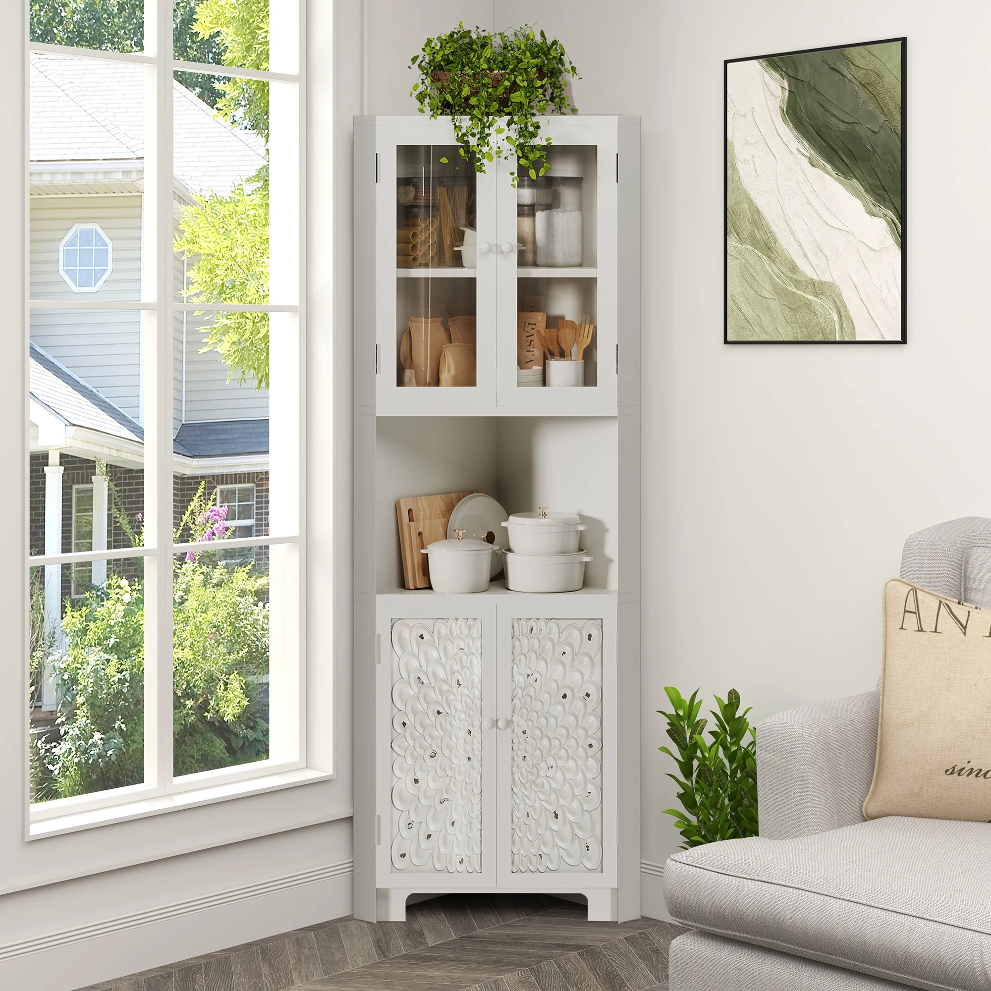 DWVO 67" Tall Corner Stoarge Cabinet With 4 Doors ,Corner Kitchen Cabinet,Buffet Cabinet for Living Room, Bathroom, Kitchen, White