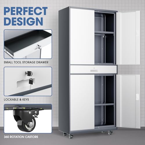 DNA MOTORING 71'' Metal Storage Cabinet, Locking Tool Cabinet with 1 Drawer and Adjustable Shelves, Lockable Heavy Duty Metal Locker for Garage,Office,Home,Gym, Gray, TOOLS-00629-GY-GY-A