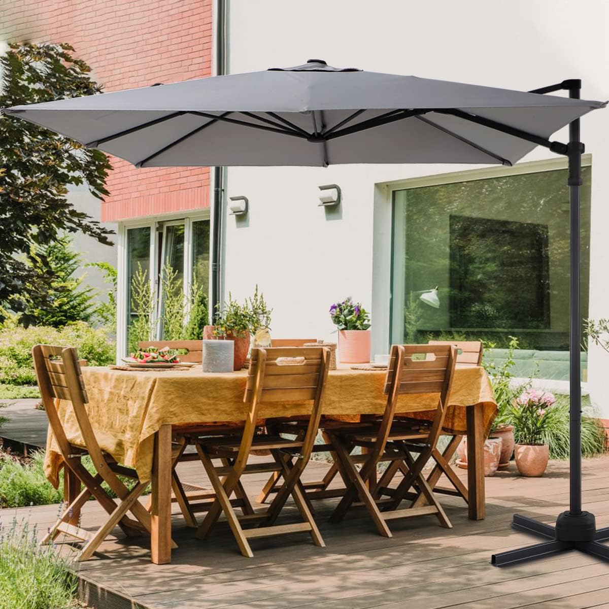 LAUSAINT HOME 8 Ft Patio Umbrella,Outdoor Cantilever Offset Umbrella with Crank & Cross Base & 360-Degree Rotation Device,Square 95% UV Protection Sun Umbrella for Backyard Poolside Garden Deck (Dark Grey)