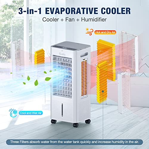 Grelife Air Cooler,3-IN-1 Portable Evaporative Air Cooler Cooling Fan with 4 Ice Packs,12H Timer,1.58 Gallons,Remote Control,3 Modes,3 Speeds,Personal Swamp Cooler for Bedroom, Home, Office