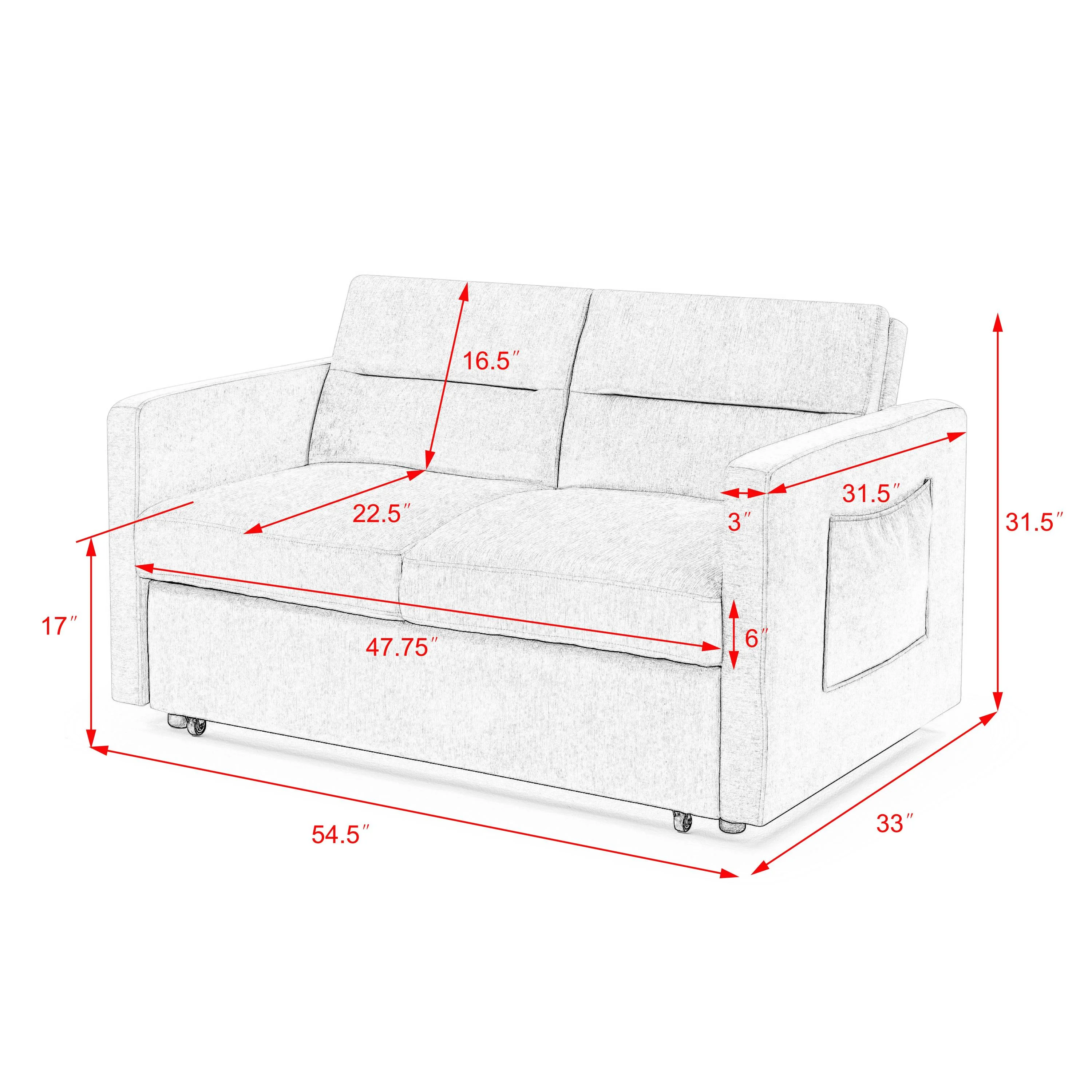 Bellemave 54.5" Pull Out Sleeper Sofa Bed, Sleeper Loveseats Sofa Couch with Adjustable Backrest and 2 Arm Pocket for Living Room Bedroom Apartment Office (Black) - Curated Treasures Market