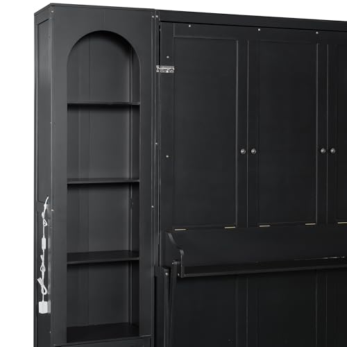 Ball & Cast Queen Size Murphy Bed with Desk,Hidden Wall Bed with 2 Sides Storage Cabinets,Shelf & Led,Murphy Cabinet Bed Frame for Bedroom,Guest Room,Space Saving,Black