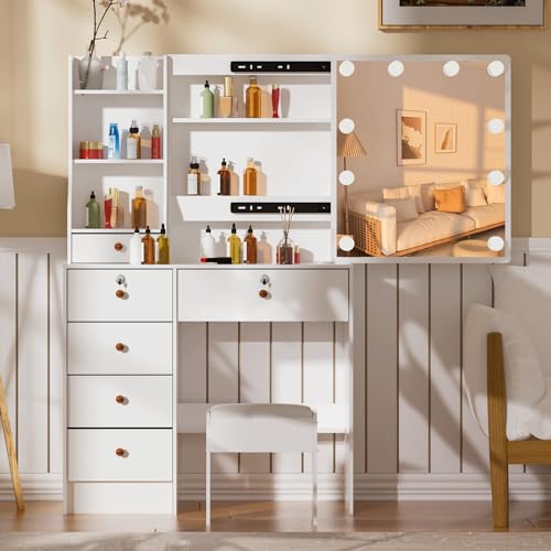 Vanity Desk with Mirror with Lights and Large Drawers, 3 Color Modes Dimmer Switch 10 Light Bulbs Makeup Vanity Set with Cushioned Stool for Girls, Women. White