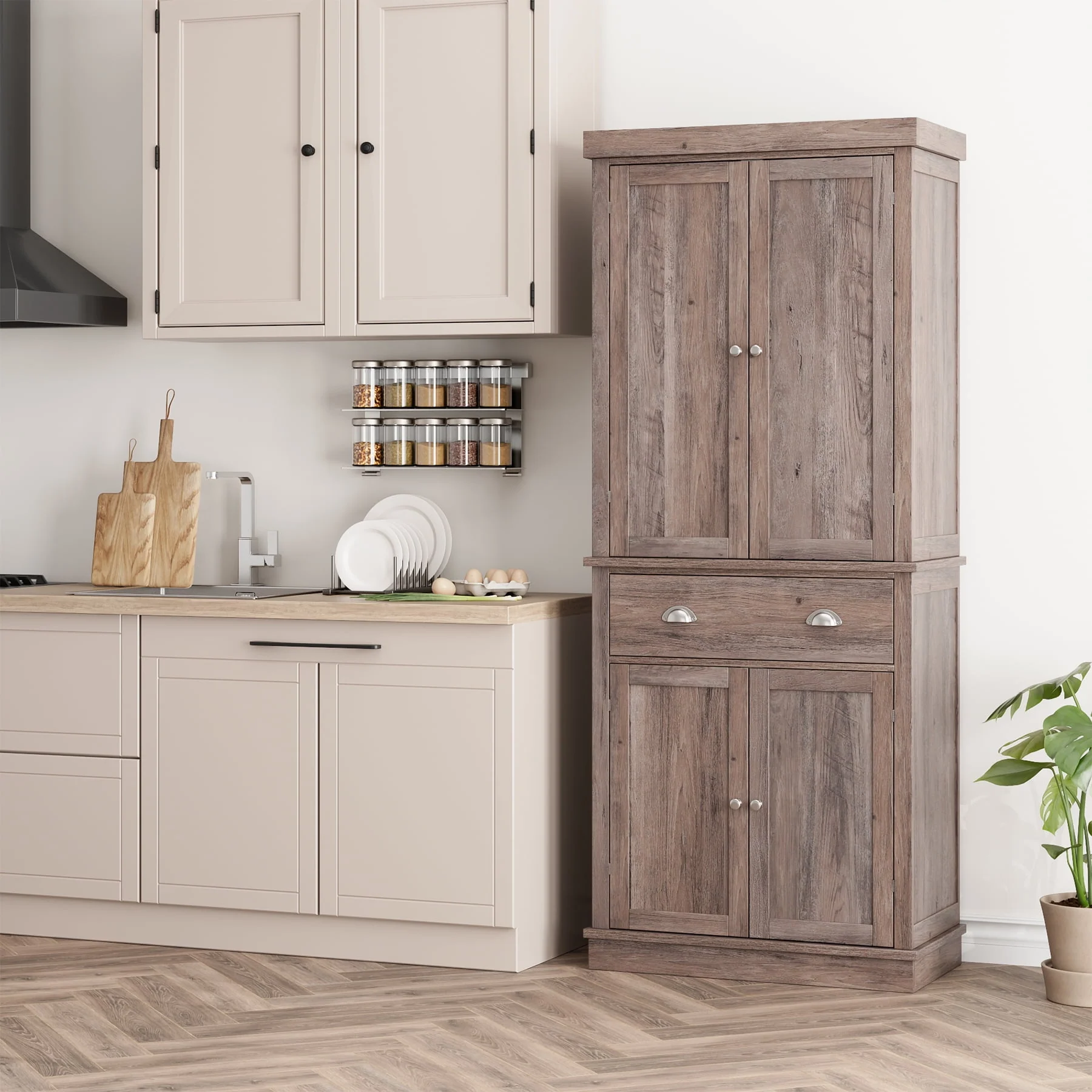 Homfa 72.4'' Tall Kitchen Pantry with 4 Doors, Large Drawer Shelves Wood Storage Cabinet for Dining Room Living Room, White