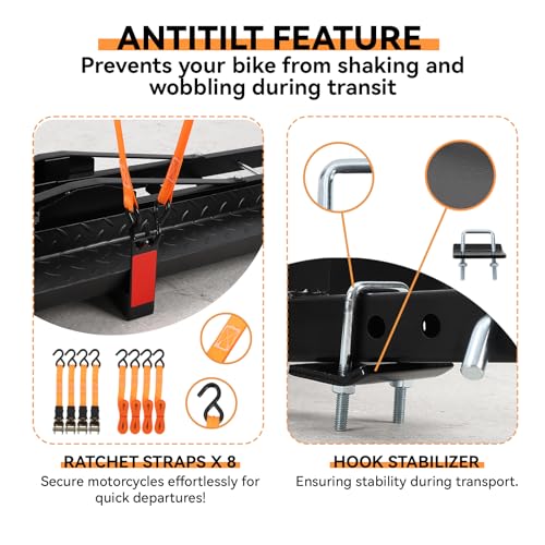 Motorcycle Carrier Hitch Mount 500 LBS,Steel Dirt Bike Hitch Hauler with Tie-Down Straps & Hitch Tightener,Dirtbike Hitch Carrier for Truck,SUV, Car,Hitch Receiver for Tires Up to 5.5" W,2" Receiver,