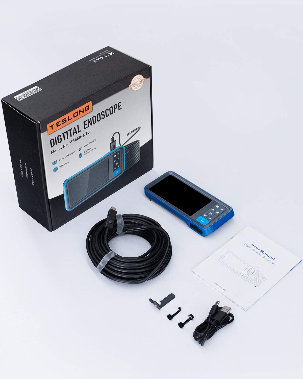 50ft Dual Lens Inspection Camera with Light, Teslong Digital Home Borescope Tool, Video Endoscope, HD Scope Camera, 4.5 Screen, Long Flexible Probe, 1080p, Sewer, Plumbing, Pipe, Wall(Waterproof)
