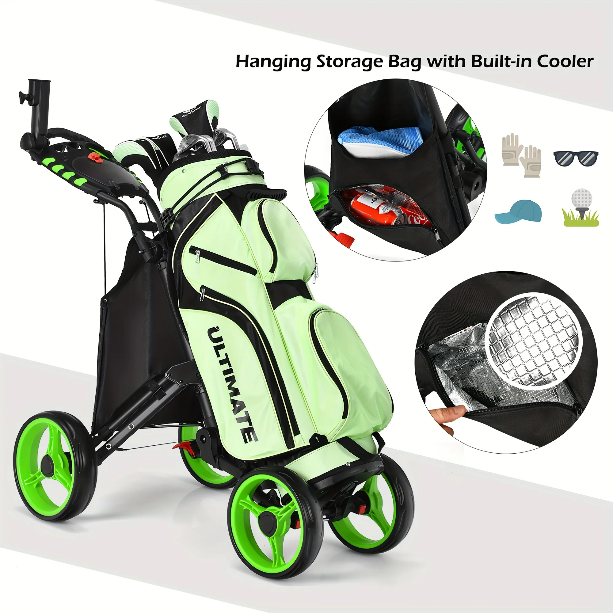PGAST 4-Wheeled Golf Push Cart-Compact Folding Design, Adjustable Handle, Built-in Scoreboard-Accessories Bag Included, Ideal for Golf Enthusiasts - Curated Treasures Market
