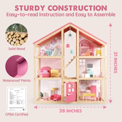 Tiny Land Wooden Dollhouse for Girls - 6 Rooms Wooden Doll House, DIY Pretend Doll House with 31Pcs Furniture Accessories, Creative Gift for Girl Ages 3+, Green