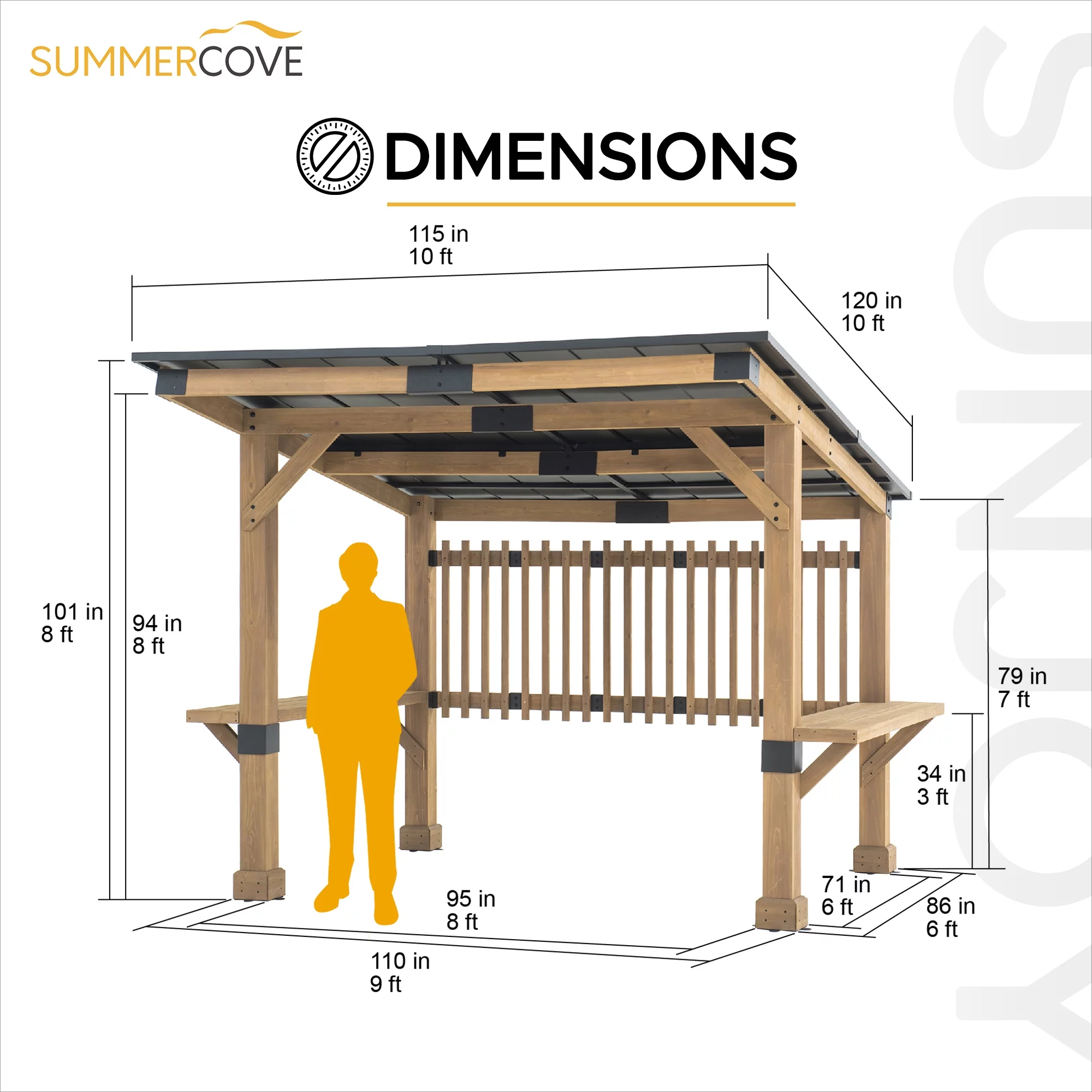 Sunjoy Wooden Grill Gazebo 10 ft. x 11 ft. Outdoor Cedar Frame BBQ Gazebo, Backyard Hot Tub Gazebo with Aluminum Hardtop Roof, Privacy Screen and Solid Bar Shelves