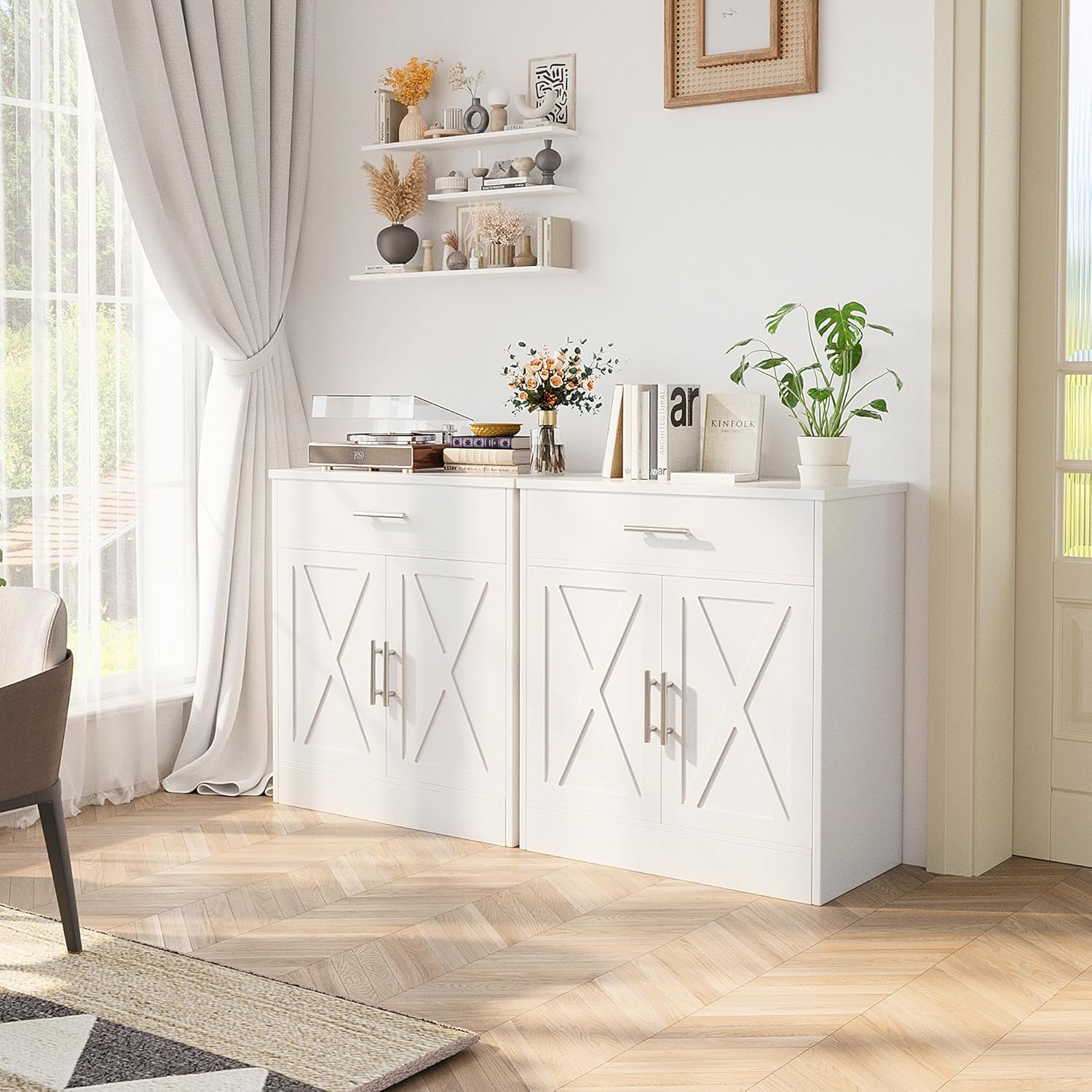 Shintenchi Modern Farmhouse Sideboard Buffet Cabinet with Storage with 2 Doors, Barn Doors Buffet Cabinet with Storage, Wood Coffee Bar Cabinet for Kitchen, Living Room,Ivory White