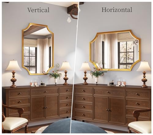 Kelly Miller 30"x40" Large Gold Bathroom Mirror for Wall, Gold Scalloped Vanity Mirror Bevelled Framed Decorative Mirror for Master Bath Half Bath Entrance Hallway Bedroom Living Room Fireplace Mantle