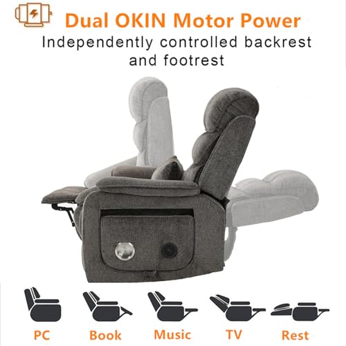 Light Grey Recliner Chair for Elderly | Tall and Big Man 400lbs | Chenille | Power Lift, Lay Flat, Stand Up, Wireless Charging Device, Extended Footrest, Massage Heat, Cup Holder, Lumbar Pillow