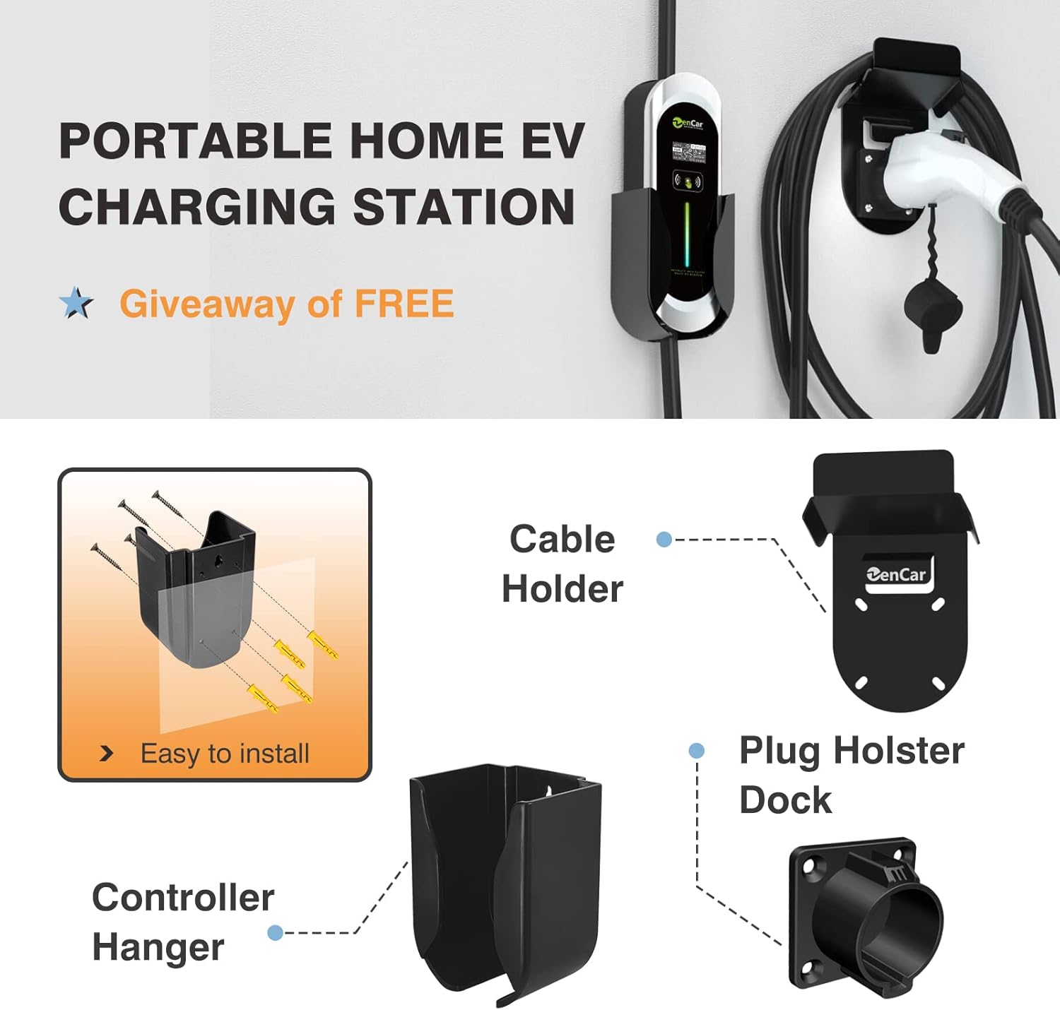 Keruida Level 2 EV Charger 40Amp 240V, Portable EV Charger with NEMA 14-50 Plug SAE J1772 Cable, Home EV Charging Station Adjustable Currents 16A-40A, with EV Charger Holder, Timing Delay
