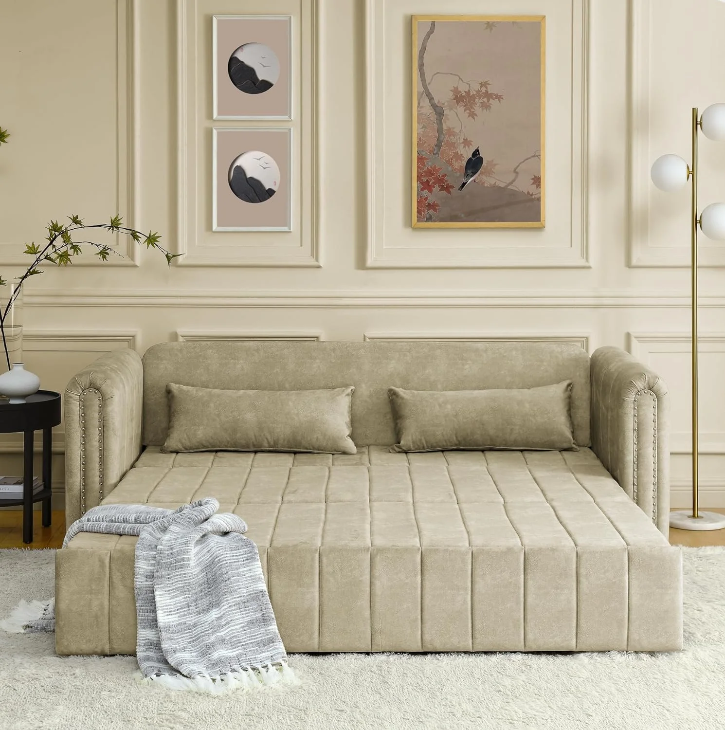 3-in-1 Convertible Sleeper Sofa Bed,Pull-Out Bed Sleeper with Rolled Arms Decorated with Copper Nails,Modern Upholstered 3 Seats Sofabed with Two Drawers and Two Pillows,Black - Curated Treasures Market