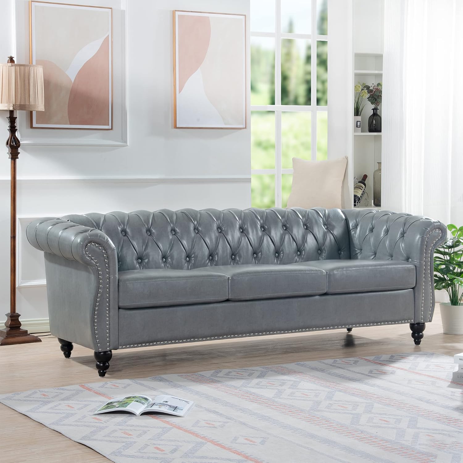 3-Seaters Living Room Clasic Chesterfield Sofa Couch Button Tufted PU Leather Upholstered Sofa&Couch with Luxury Roller Armrest Soild Wood Legs Movable Cushions & Nailhead Decor