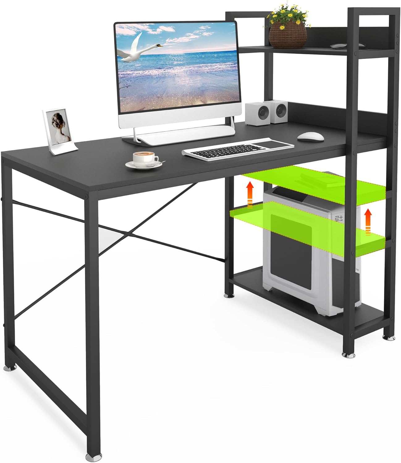 JSungo Computer Desk with 4 Tiers Shelves, 47 Inch Sturdy Table with Reversible Bookshelf for Home Office, Study Tower Desk for Small Space, Industrial Modern Style, Black