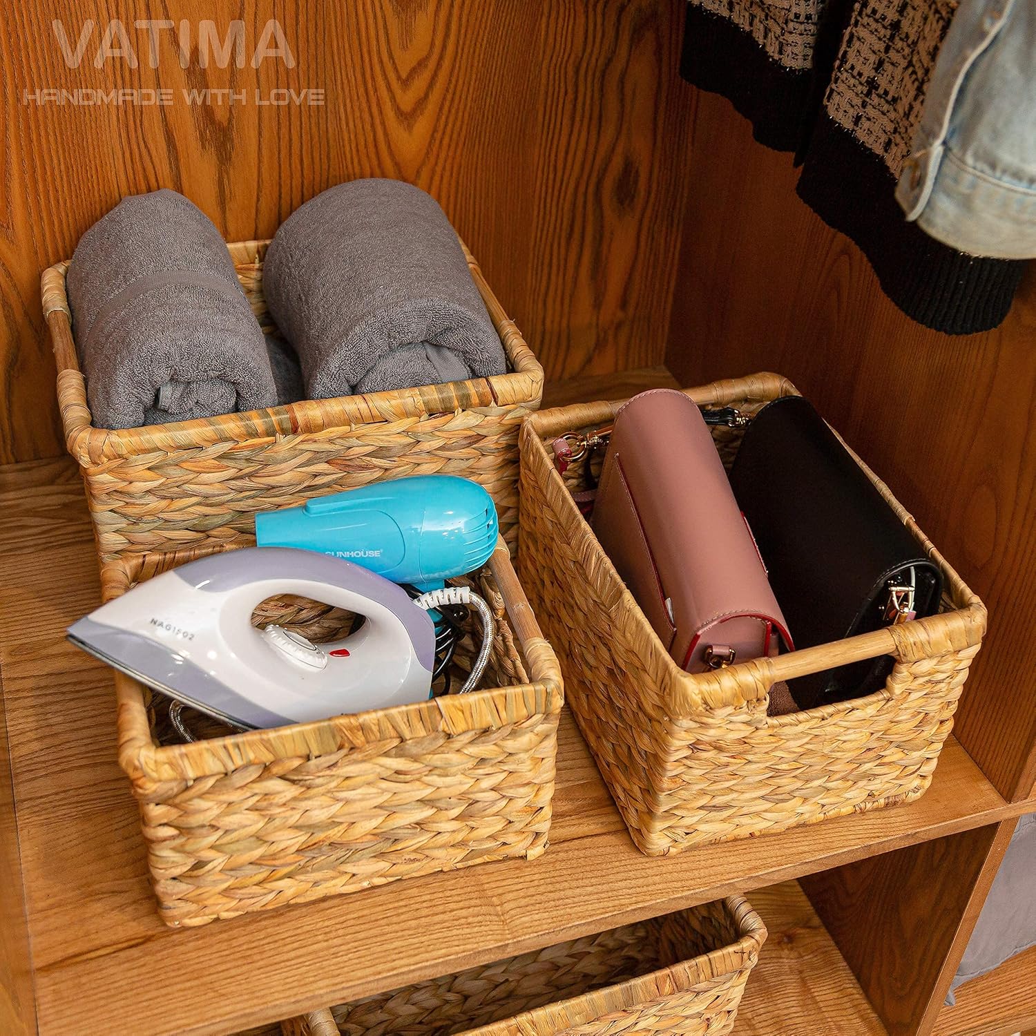VATIMA Large Wicker Basket Rectangular with Wooden Handles for Shelves, Water Hyacinth Basket Storage, Natural Baskets for Organizing, Wicker Baskets for Storage 14.5 x 10.3 x 7.2 inches