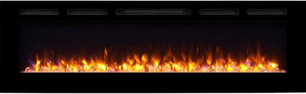 PuraFlame Alice 50 Inches Recessed Electric Fireplace, Flush Mounted for 2 X 6 Stud, Log Set & Crystal, 1500W Heater, Black