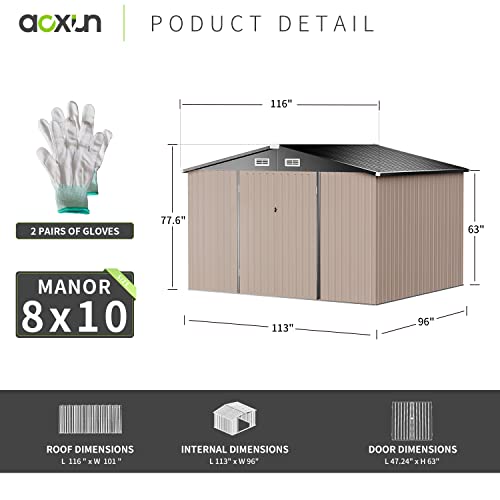 Aoxun 10 x 12FT Outdoor Storage Shed with Double Hinged Large Door Utility Garden Shed with Lockable Door & Sloped Roof Metal Sheds Outdoor Storage for Garden, Backyard, Patio and Backyard, Brown