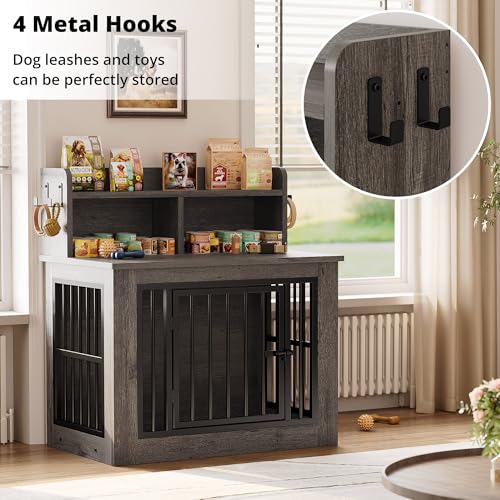 IRONCK Extra Large Dog Crate Furniture, 43.3 inches Wooden Dog Crate with Storage and 4 Hooks, Heavy Duty Pet Crate for Large Dog, Decorative Pet Cage for Indoor (30" L x 43.3" W x 41.1" H)