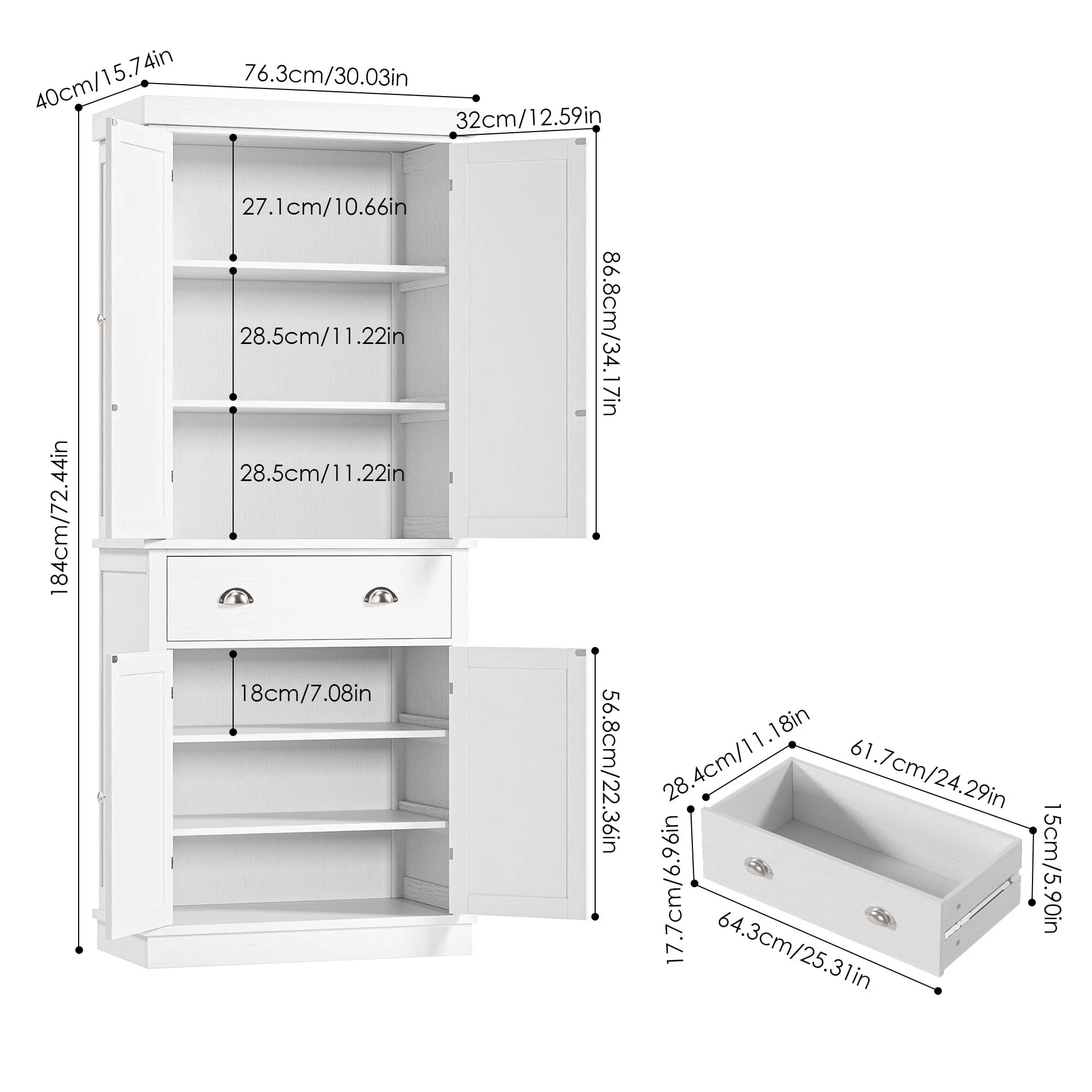 Homfa 72.4'' Tall Kitchen Pantry with 4 Doors, Large Drawer Shelves Wood Storage Cabinet for Dining Room Living Room, White