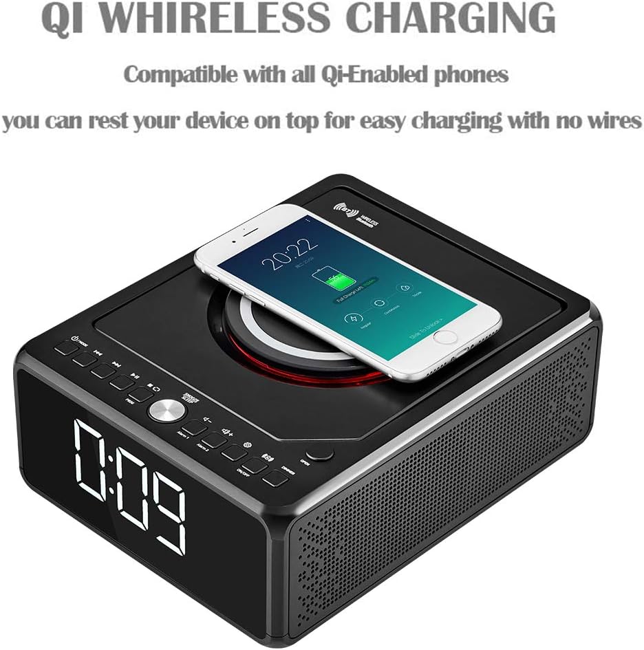 CD Player Boombox with Remote, Dual Alarm Clock Radio, Wireless Charger, Bluetooth Digital FM Radio, MP3/USB Music Player, Snooze & Sleep Timer, Dimmable Mirror LED Display,Black