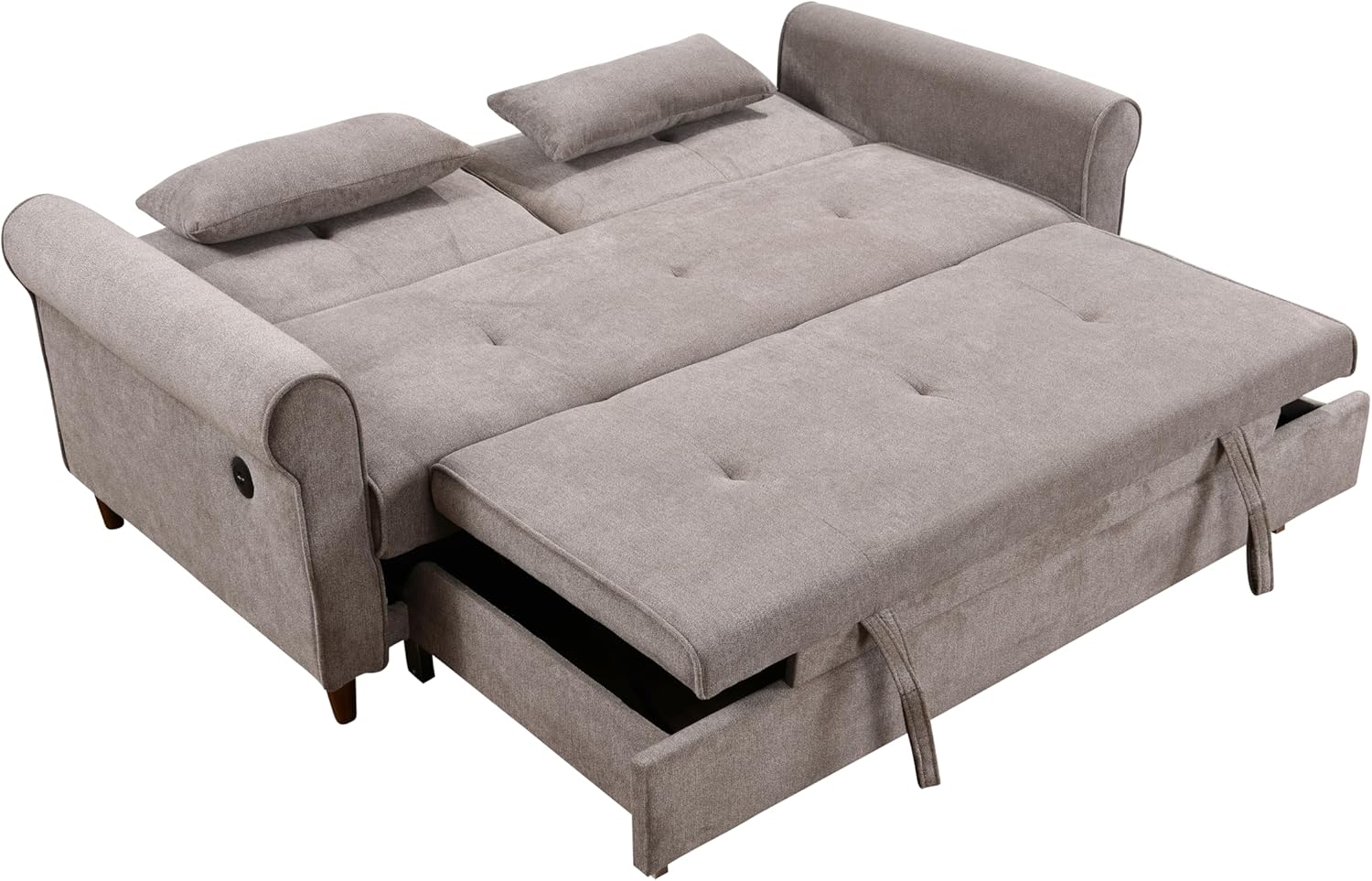 3 in 1 Convertible Sleeper Sofa Bed, Modern Fabric Loveseat Futon Sofa Couch with Pullout Bed,2 Pillows,Small Love Seat Lounge Sofa with Rolled Arm,USB Charging Port, Furniture for Living Room, Brown