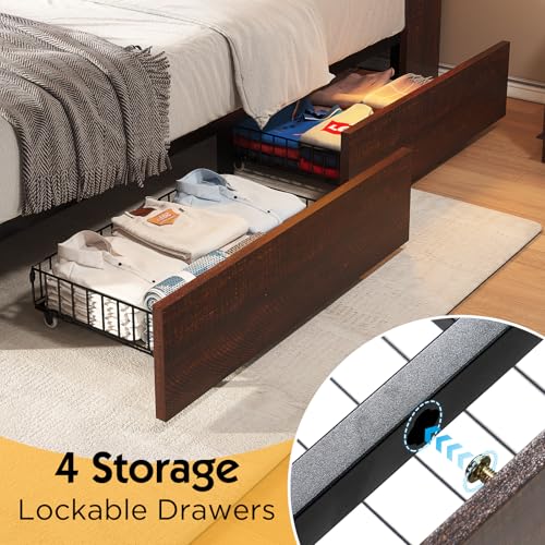 Full Farmhouse Bed Frame with Bookcase Headboard and 4 Drawers, LED Storage Bed with Charging Station & Linen Upholstered, No Box Spring Needed, Black