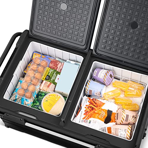 Newair Portable 80 Qt. Electric Car Camping Cooler with 4 Battery Protection Modes, Dual Zone Fridge and Freezer Storage, Retractable Handle, Outdoor Wheels and Rugged Construction