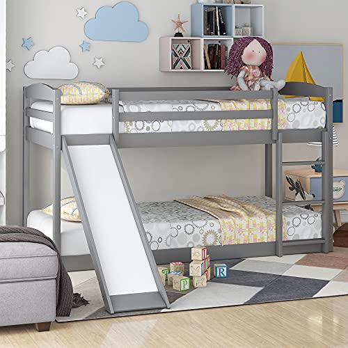 Twin Over Twin Bunk Bed with Convertible Slide and Ladder,Solid Pinewood Bed Frame, Low Bunk Bed with Safety Guardrails, Suitable for Kids Teen, No Box Spring Needed, White