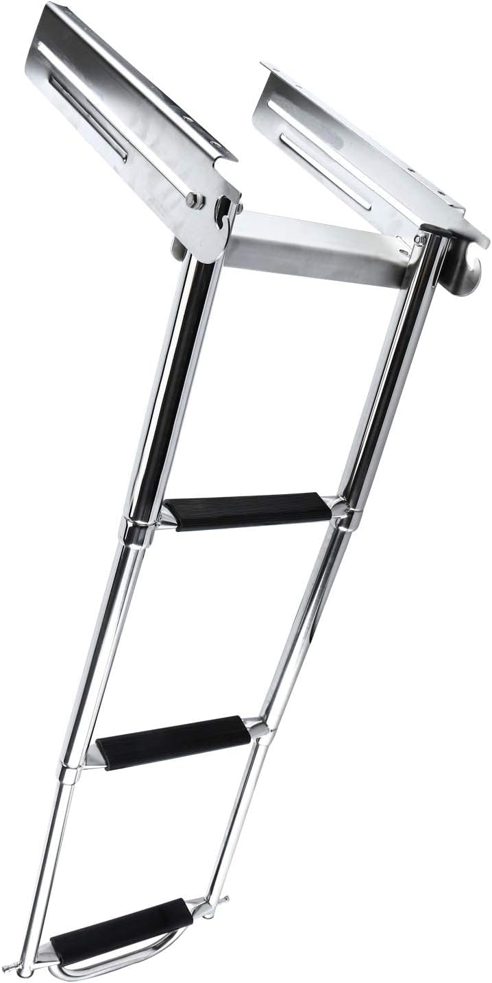 HYDDNice 3 Steps Marine Boat Ladder with Spring Loaded Latch and Carry Handle Telescoping Drop Ladder Under Platform Sliding Ladder Stainless Steel Mounting Screws Included