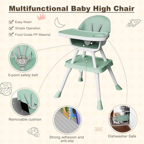 8 in 1 Baby High Chair,Convertible Highchair for Babies and Toddlers with Double Removable Dishwasher Tray,Safety Harness and Detachable PU Cushion,Grows with Baby