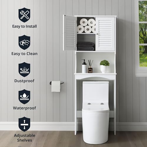 Over The Toilet Storage Cabinet, 3-Tier Freestanding Organizer, Bathroom Storage Cabinet Organize,Adjustable Shelves, Double Doors, Space-Saving for Bathroom, 23 * 67 inches, White