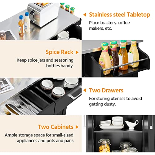 Yaheetech Kitchen Island Cart with Storage & Stainless Steel Countertop, Portable Kitchen Island on Wheels with Cabinet & Adjustable Shelves & 2 Drawers, Rolling Island Table for Kitchen, White