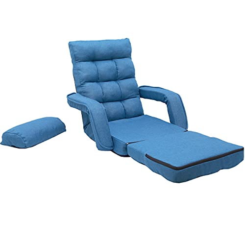 6-Position Adjustable Chaise Lounge Sofa, Folding Lazy Floor Chair Sofa Lounger Bed with Armrests and a Pillow Padded for Living Room (Blue)
