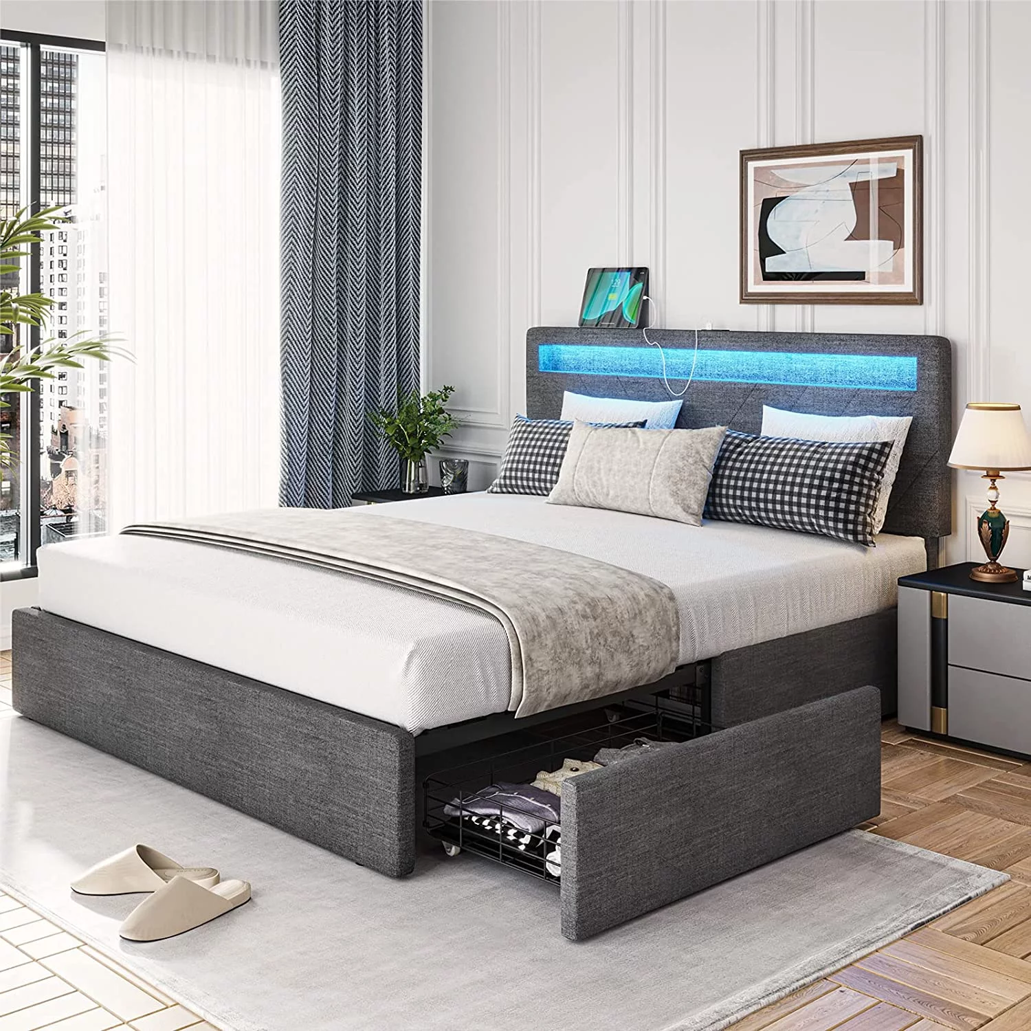 Queen Bed Frame with 4 Storage Drawers and 2 USB Charging Station, Upholstered Platform Bed Frame with LED Headboard,Dark Grey