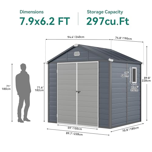 YITAHOME 8x6.2FT Outdoor Storage Shed w/o Floor, All-Weather Plastic Shed with Lockable Doors, Window & Vents, Plastic Tool Shed for Backyard, Patio, Poolside, Lawn, Gray