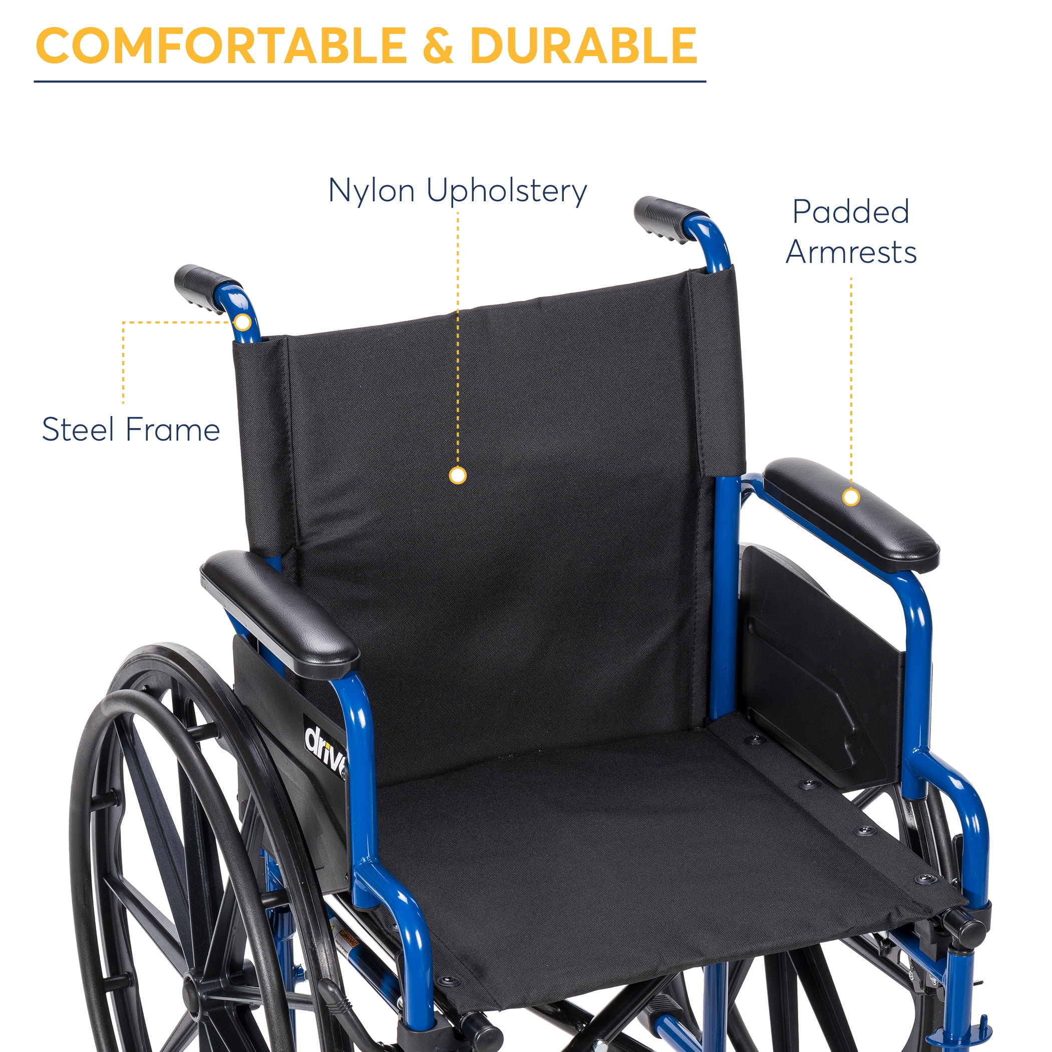 Drive Medical Blue Streak Wheelchair with Flip Back Desk Arms, Elevating Leg Rests, 20" Seat