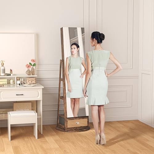 4 Wheels Jewelry Armoire with LED Light, Movable Jewelry Cabinet Standing with Full-Length Mirror, Lockable Jewelry Organizer with Mirror Storage Drawer, White