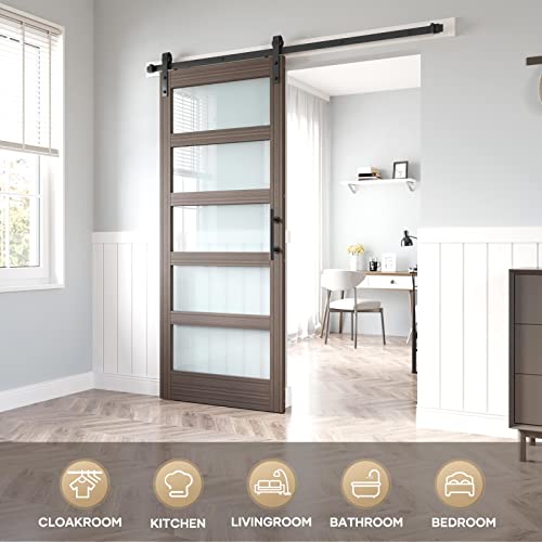 36x84 Inch Glass Sliding Barn Door Slab and 6.6ft Hardware Kit Included, 5 Frosted Glass, LVL Wood Panel Covered with White Water-Proof Scratch-Proof PVC Surface, Simple DIY Assembly