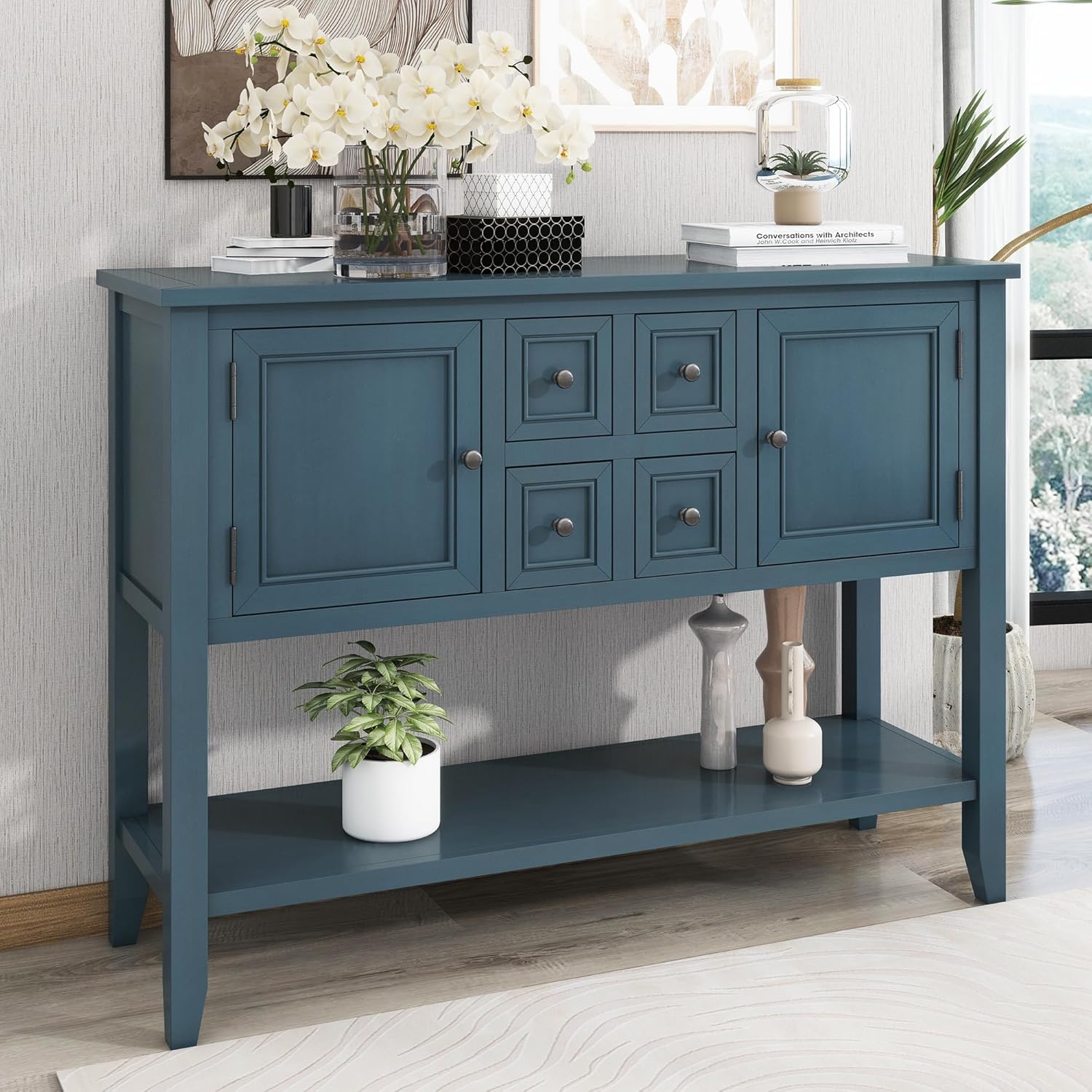 Vintage Console Table with 4 Drawers, 2 Cabinets and Open Bottom Shelf, Solid Wood Buffet Sideboard w/Storage, for Living Room Apartment Hallway Entryway, Light Navy, 46 Inch