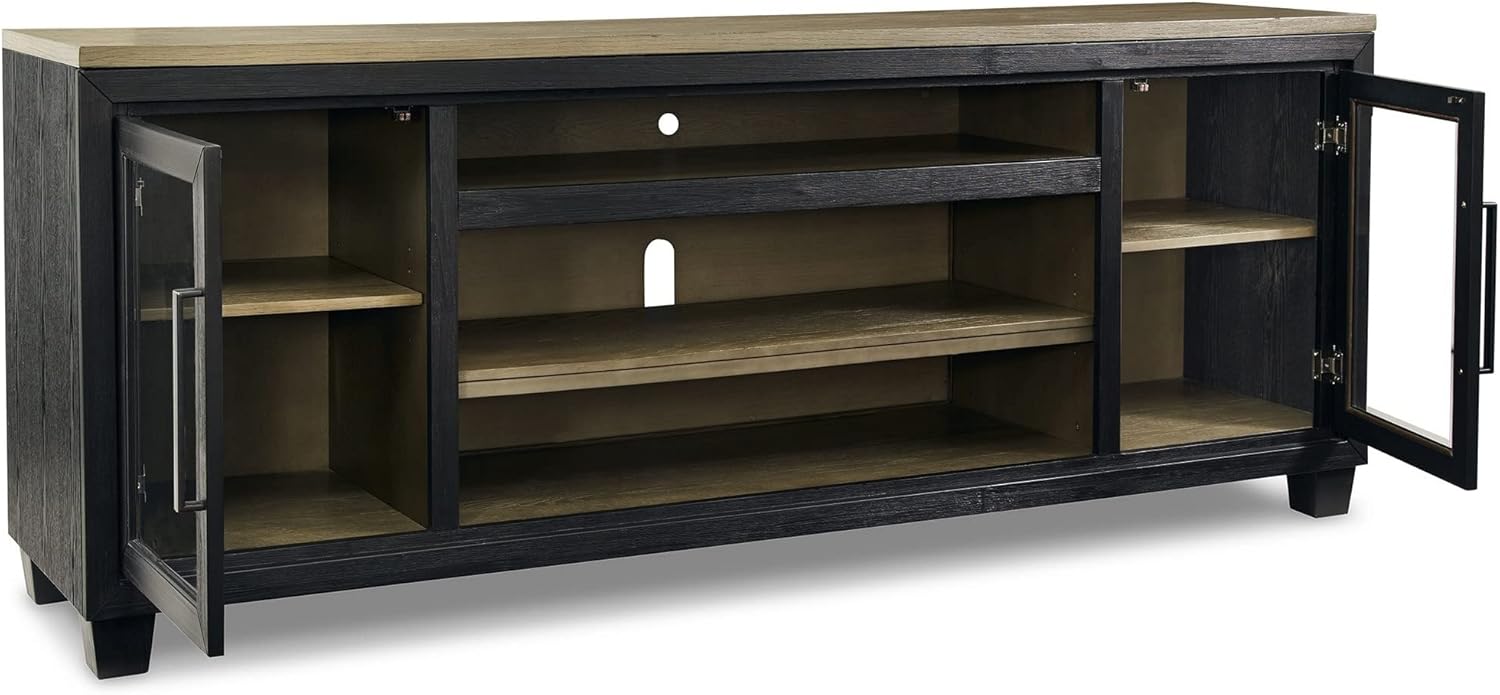 Benjara 83 Inch TV Entertainment Media Console, 2 Door, Wood, Glass, Black and Brown